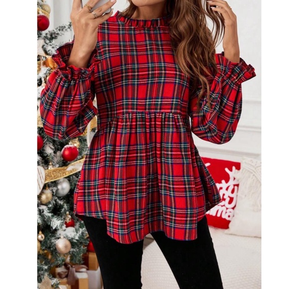 Red Plaid Ruffle Hem Flare Sleeve Tartan Long Sleeve Peplum Top - Picture 2 of 5